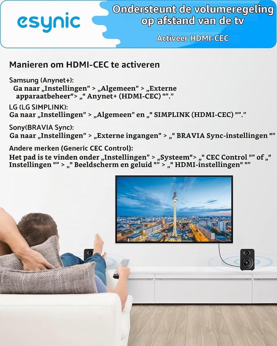 192KHz Audio Converter Kabel van eARC/ARC HDMI naar RCA voor HDTV naar Speakers en Hoofdtelefoons, Ondersteunt CEC Afstandsbediening, 1.5m, L/R Uitgang, PCM 2CH, Geluidskwaliteit Verbeteren — afbeelding 4