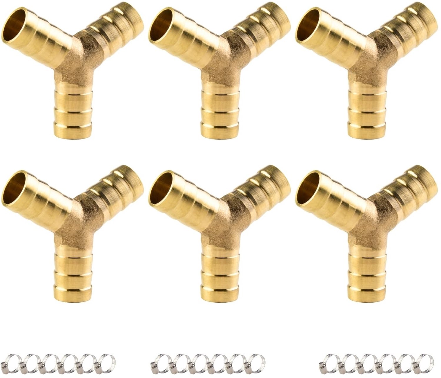 Slangaansluitset 6 Stuks - Messing Connector 3-Weg Y-Vormig - Slangklemmen 18 Stuks - Corrosiebestendig - Hoge Temperatuur Bestendig - Duurzaam - Slangkoppeling