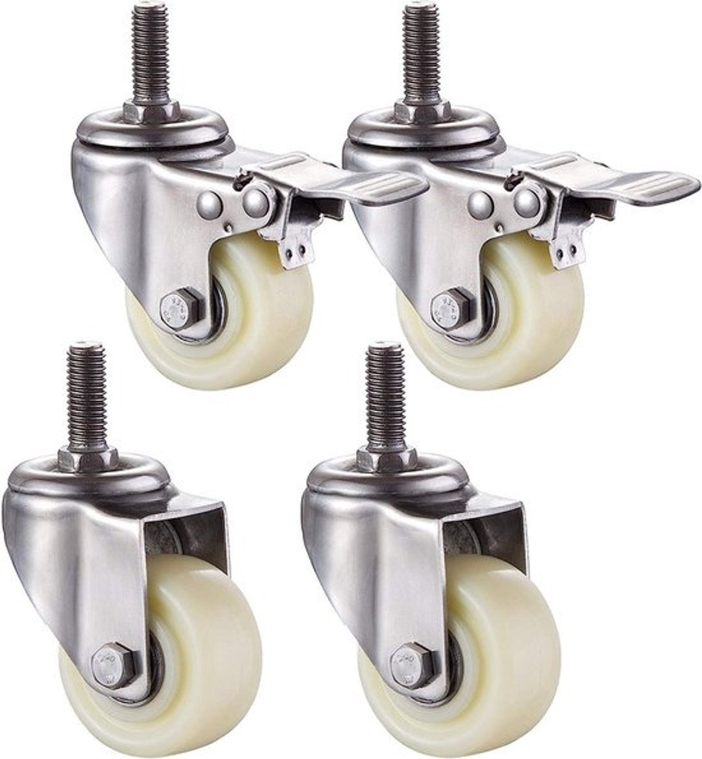Zwenkwielenset - Nylon transportwielen - Meubels verplaatsen - Met rem en 360° rotatie - 40mm M8 - Zilver