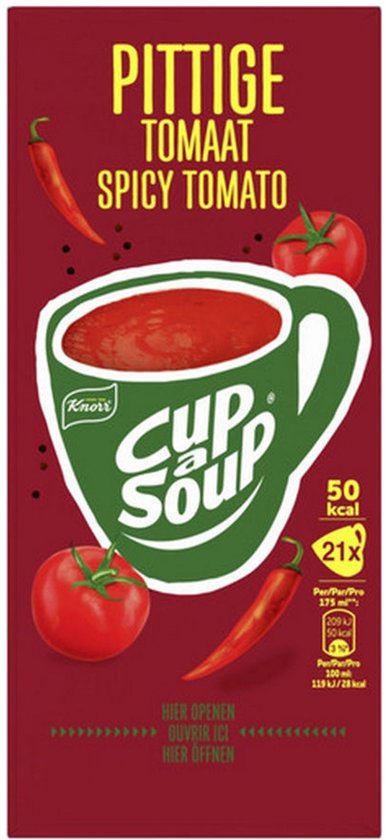 Knorr Cup-a-Soup Tomate Épicée en emballage rouge avec des illustrations de tomates et de piments.