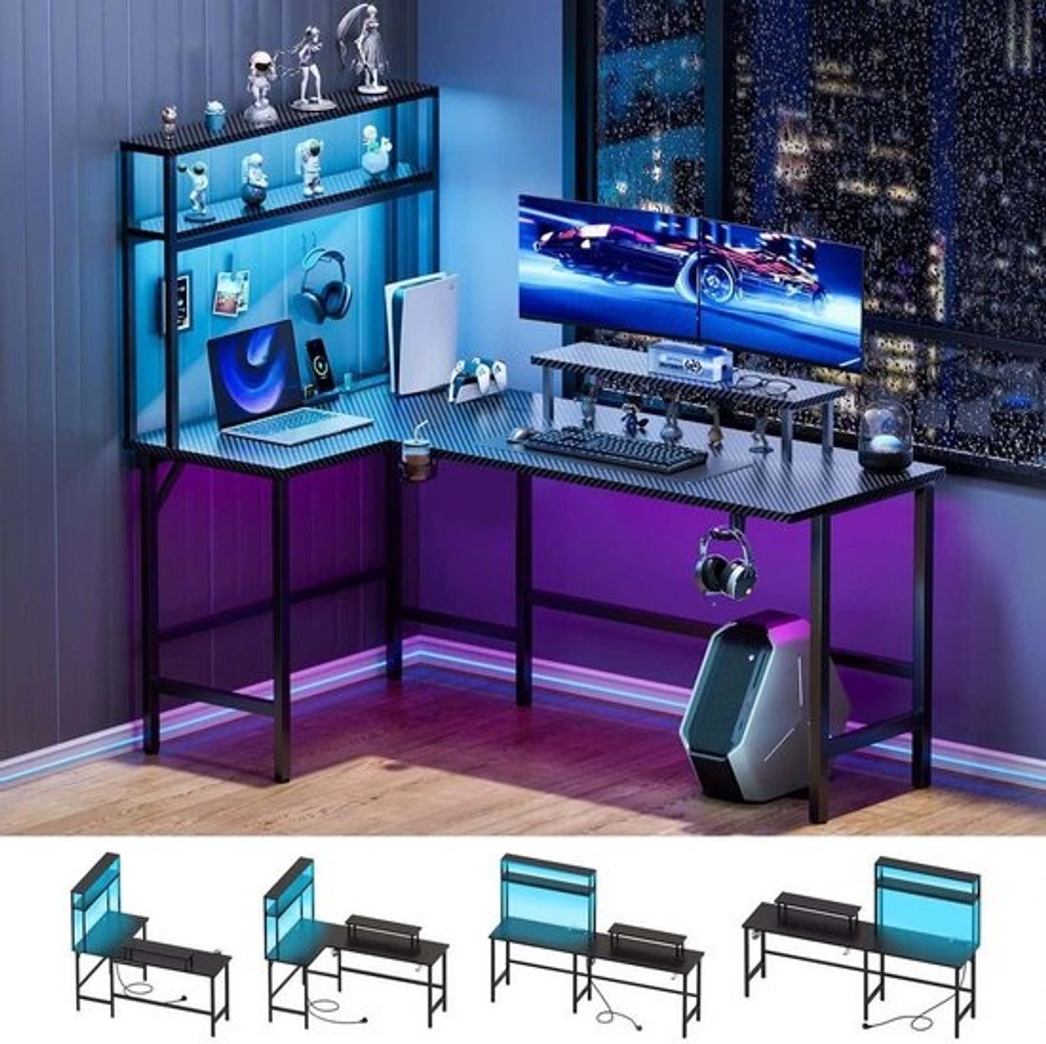 Gamingtafel met led - Hoekbureau voor computer - Voor thuiswerken en gamen - Opzetrek en monitorstandaard - 150 x 100 cm - Zwart koolstofvezel