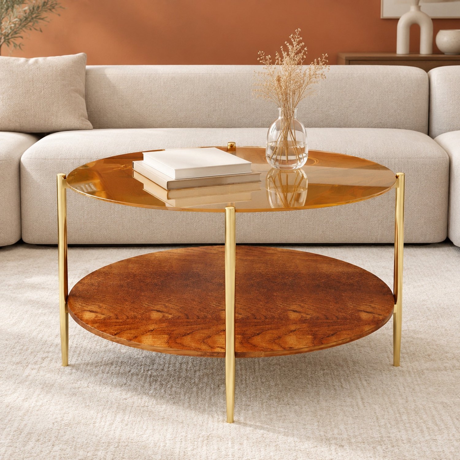 CHICFURN Salontafel - rond - dubbel ontwerp - metalen frame - goud