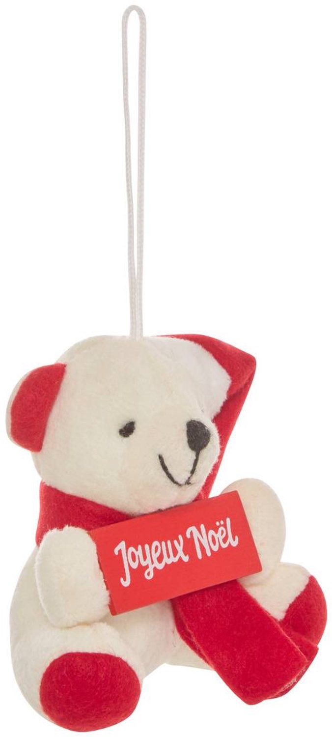 Feeric lights & Christmas Hangende kerstboomversiering in de vorm van een beer met een textielbordje met de tekst 'Vrolijk Kerstfeest', 8 cm blanc
