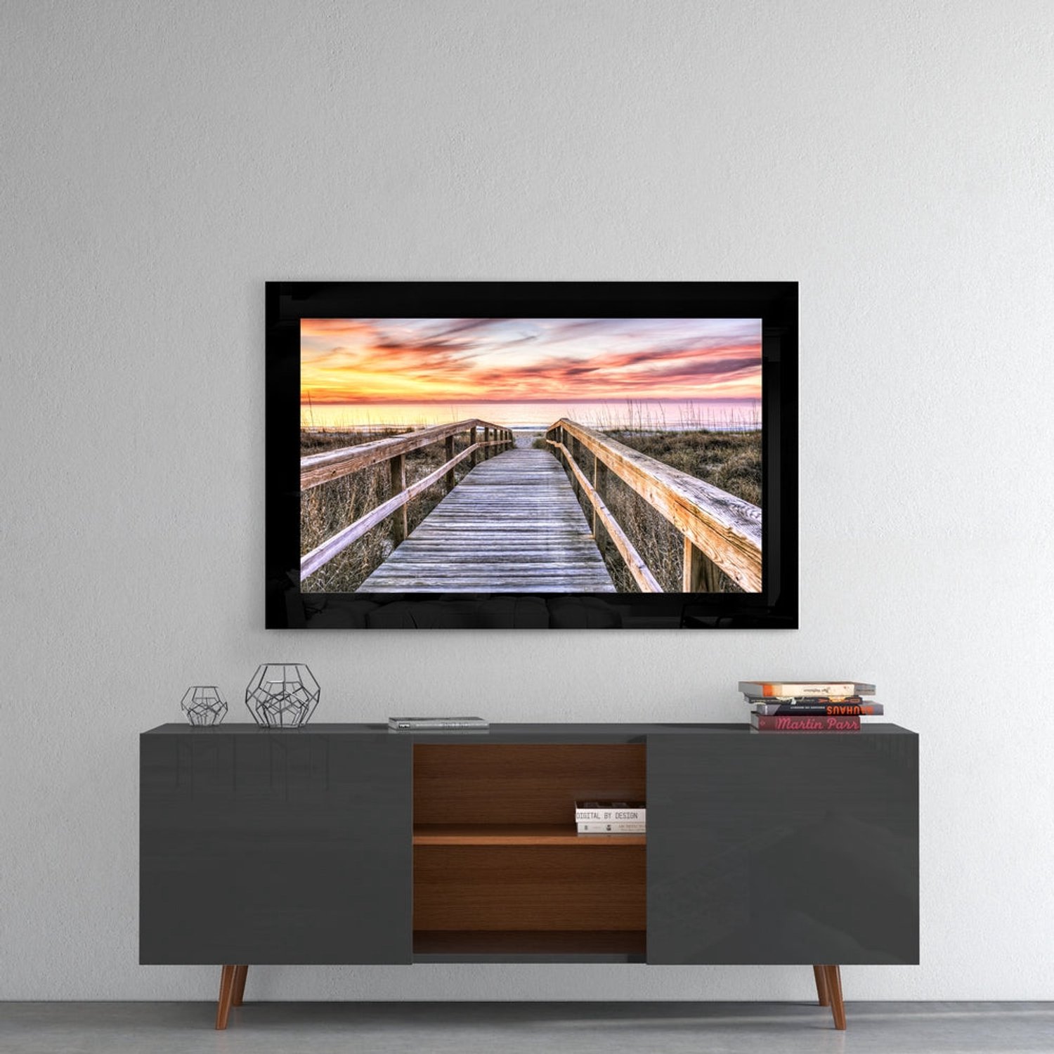Glasschilderij – Duinpromenade bij Pastelkleurige Zonsondergang – Karaktervolle Glasdecoratie