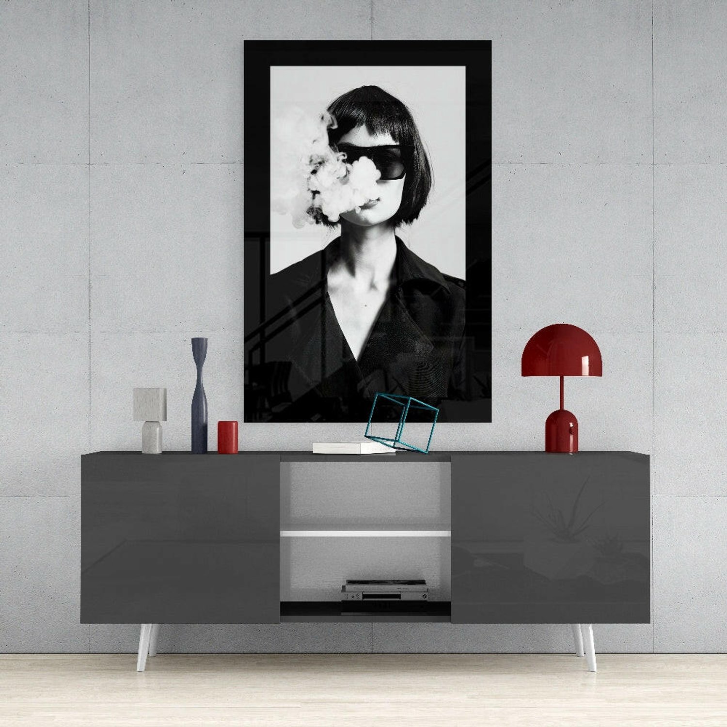 Glasschilderij – Vrouw met Bobkapsel en Rookgezicht – Moderne Kunst aan de Muur