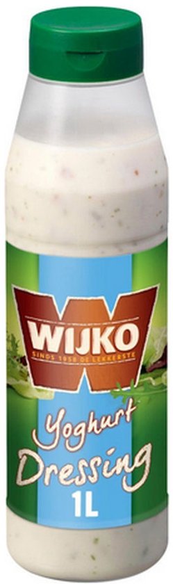 Fles Wijko yoghurtdressing van 1 liter met een groene dop en etiket met de merknaam en tekst.