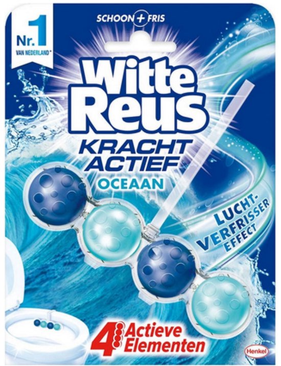 Witte Reus Kracht Actief Oceaan toiletblok met vier blauwe en lichtblauwe bollen voor een luchtverfrisser effect.