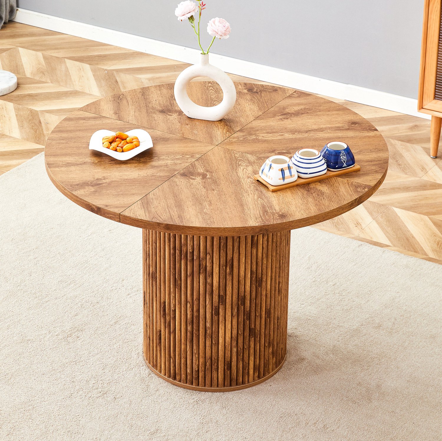 CHICFURN Eettafel 100 cm - 4-6 personen - ronde MDF tafel - zuilvoet met opbergruimte - eetkamer - MDF en metaal - houtkleur