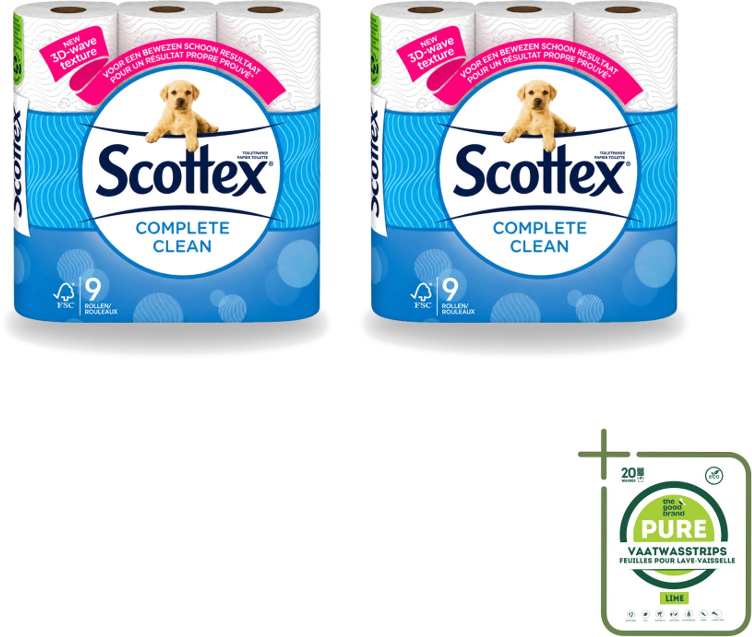 2 x Page Scottex – Toiletpapier – Complete Clean 2-laags – 9 rollen - Grootverpakking - Vaatwasstrips - Toiletpapier - Schone Reiniging - 3D Wave™ - Extra Zacht - 2-laags