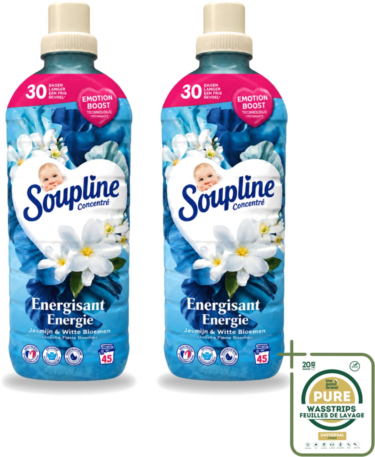 2 x Soupline – Wasverzachter – Energie Jasmijn & Witte Bloemen – 950 ml - Wasstrips - Wasverzachter - Jasmijn - Witte Bloemen - Fris - Energie