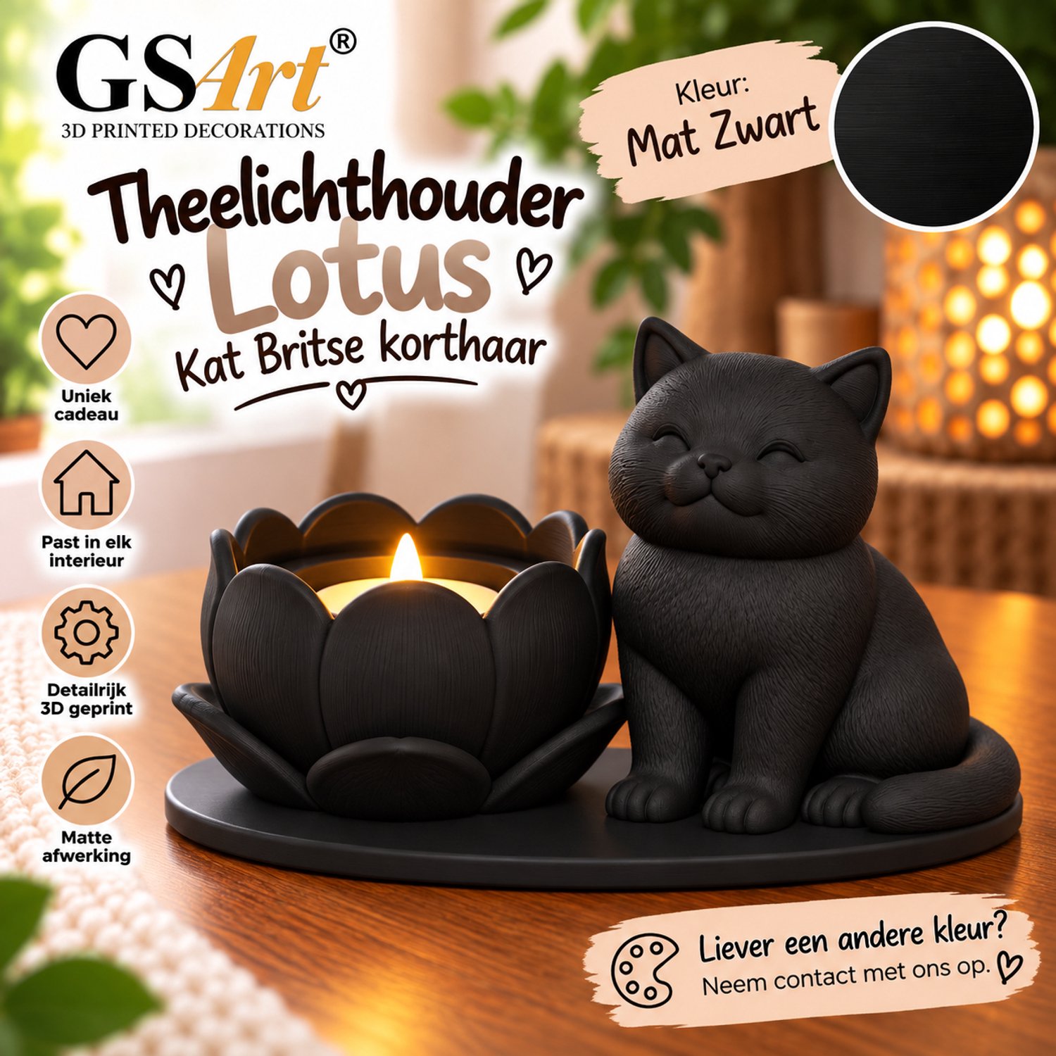 GSArt Theelichthouder Lotus Britse Korthaar Kat – LED – Mat Zwart