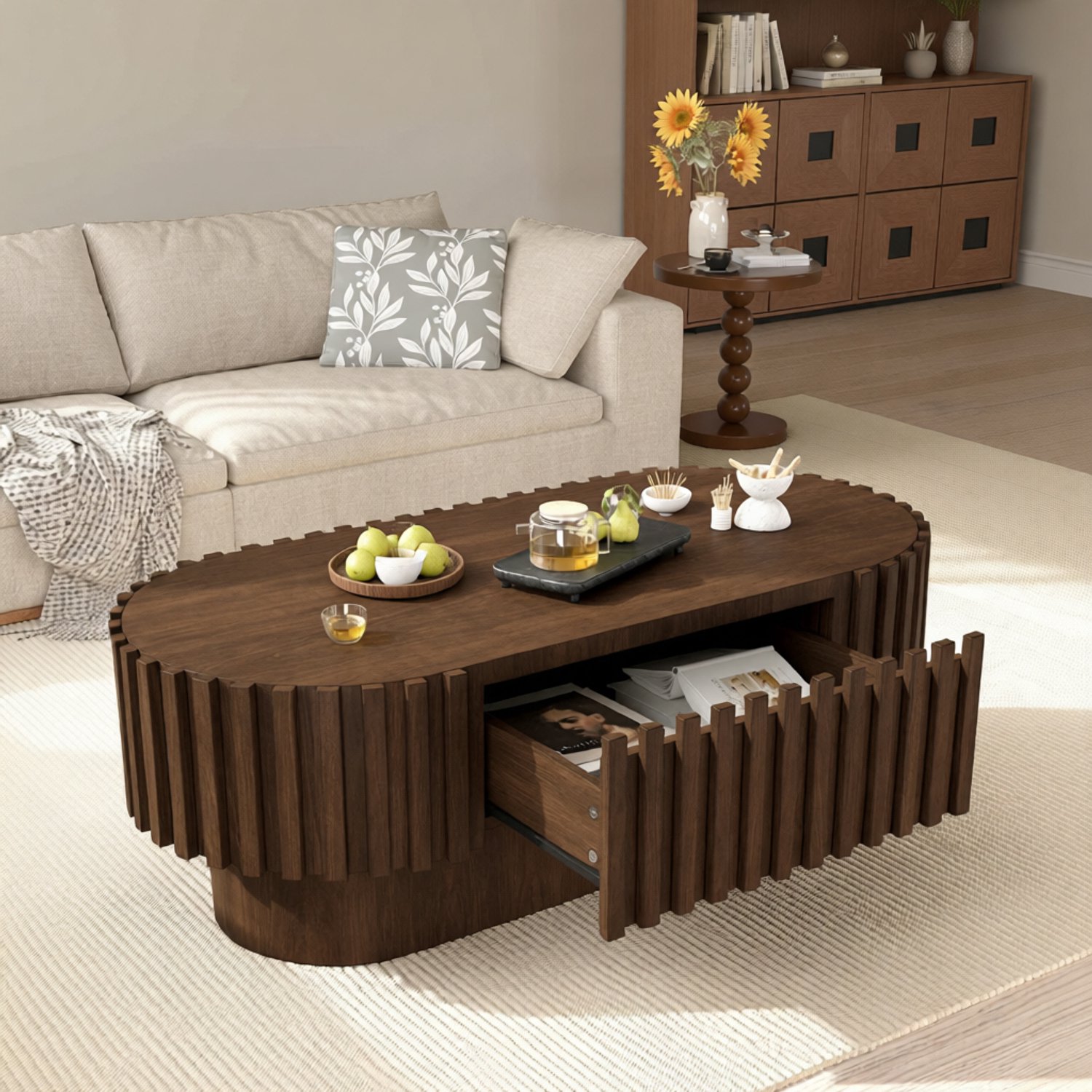 J.T.R Ovale salontafel met lade en verticale lamellen, houten salontafel 100 x 50 x 35,5 cm walnootkleur. Bruin