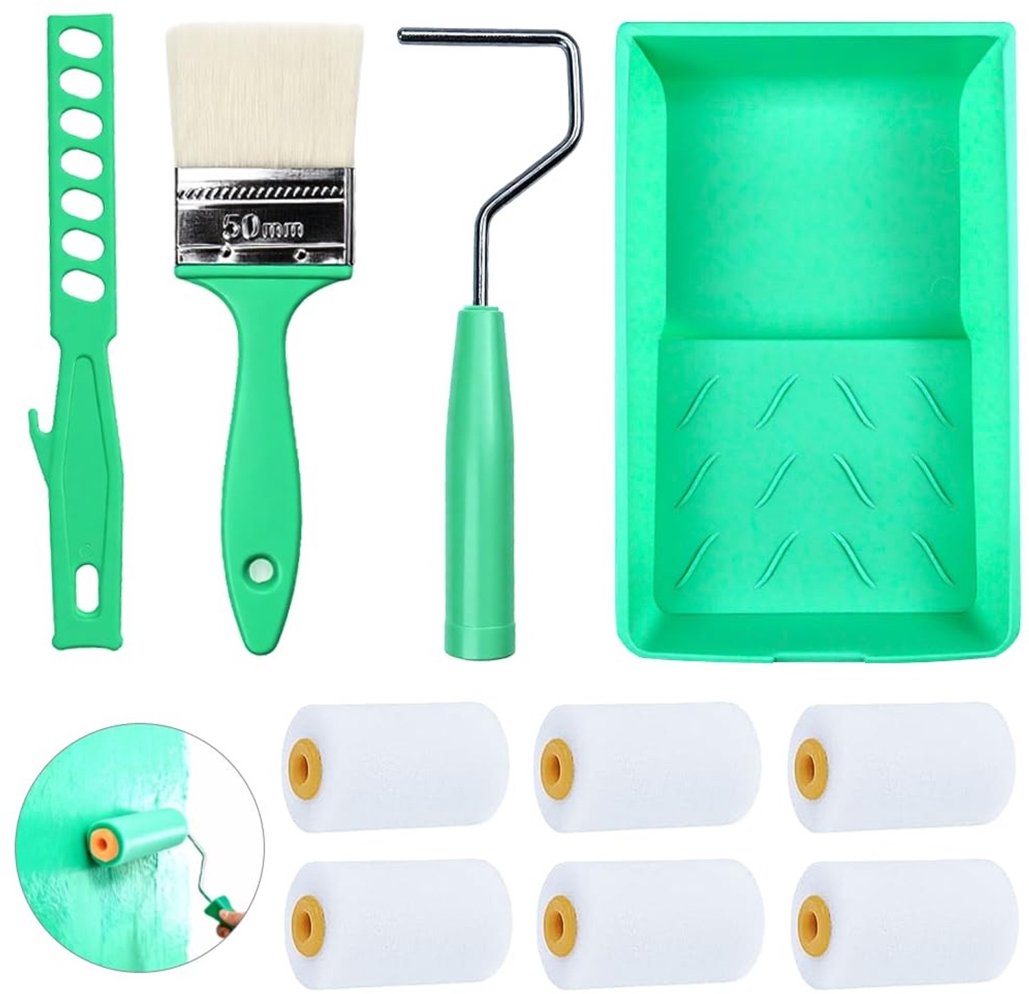 Set van 10 Kleine Verfrollers 5 cm met Verftray