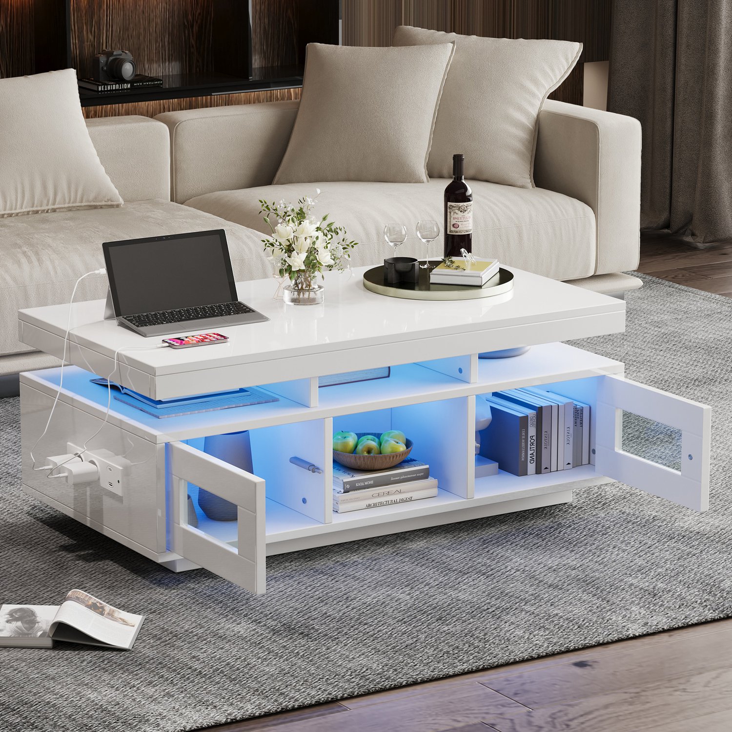 CHICFURN Salontafel - LED-verlichting - opbergruimte - wit
