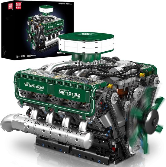 Groen en zilver V8 tankmotor model met draaiende ventilator en zichtbare tandwielen en kettingen. Inclusief de verpakking.