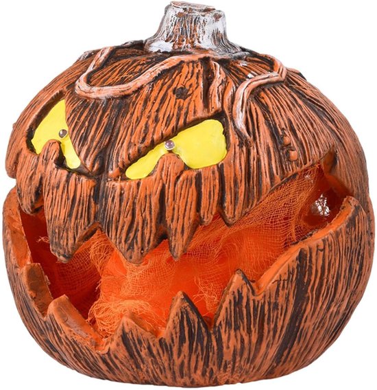 Compacte Halloween pompoen van latex met boze oplichtende ogen en oranje textuur.