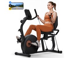 MERACH Opvouwbare Semi-Ligfiets Hometrainer - 8 Niveaus Magnetische Weerstand - LCD-scherm - Elastieken - Hartfrequentie Sensor - Zwart