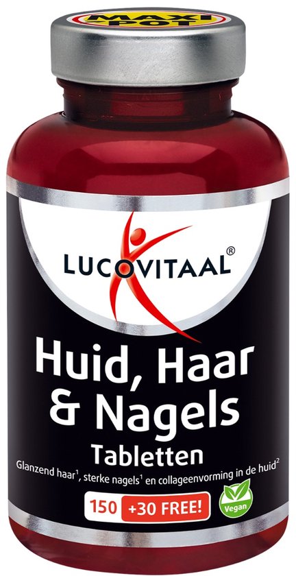 Bruine pot met zilverkleurige dop, label vermeldt Lucovitaal Huid, Haar & Nagels en 150+30 gratis tabletten.