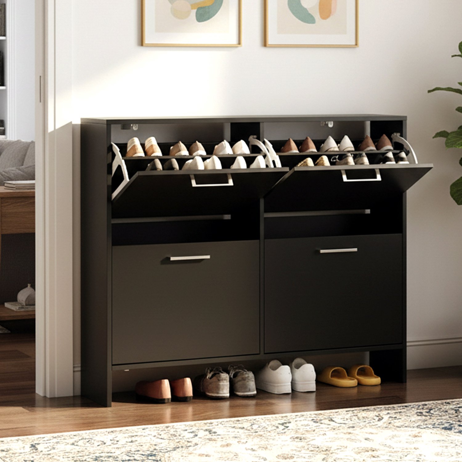 LEADZM Schoenenkast met 4 deuren - Zwart - 106.5 x 24 x 90 cm - met lade