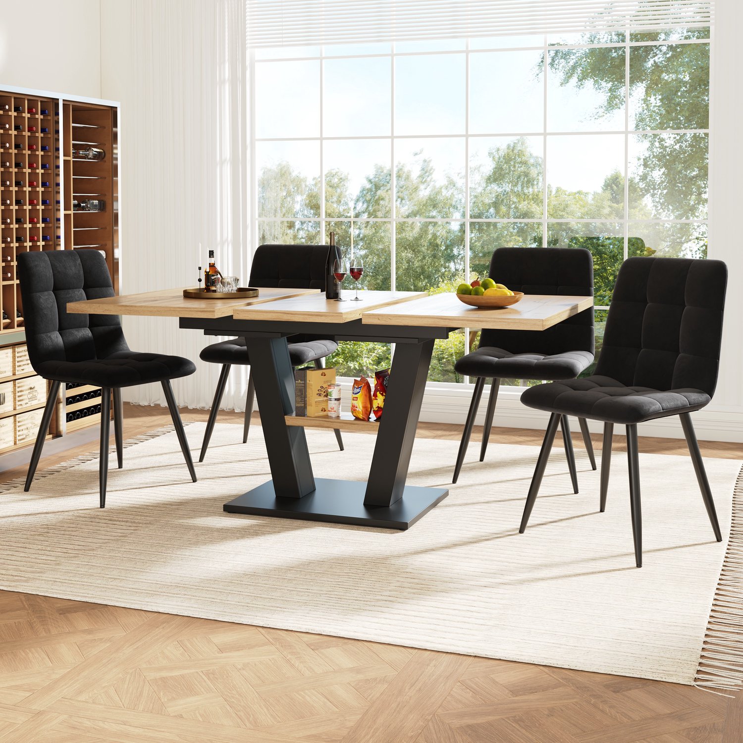 intebiki eetkamerset set van 5 - 118-157 x 70cm Uitschuifbare eettafel met 4 stoelen - Eikenkleurig MDF - zwarte metalen poten - 44x41x86cm donkergrijs eetkamerstoel zawrt