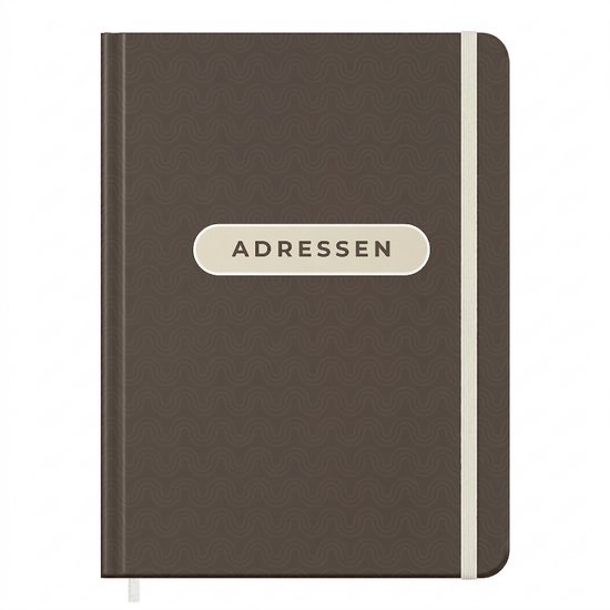 Donkerbruin notitieboek met golvend patroon, elastieken band en 'ADRESSEN' label op de voorkant.