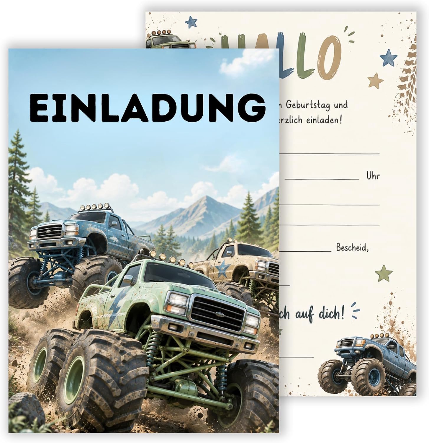 12 Auto-uitnodigingen kinderfeestje - Monster Trucks