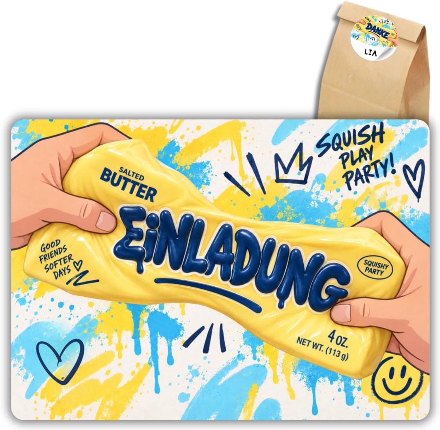 12x Squishy Butter Uitnodigingskaarten - Voor kinderfeestjes - Coole feestuitnodigingen +12 Stickers +12 Geschenktassen