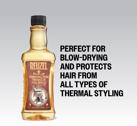 Fles Reuzel Grooming Tonic met tekst over bescherming tegen hitte bij het föhnen en thermische styling.