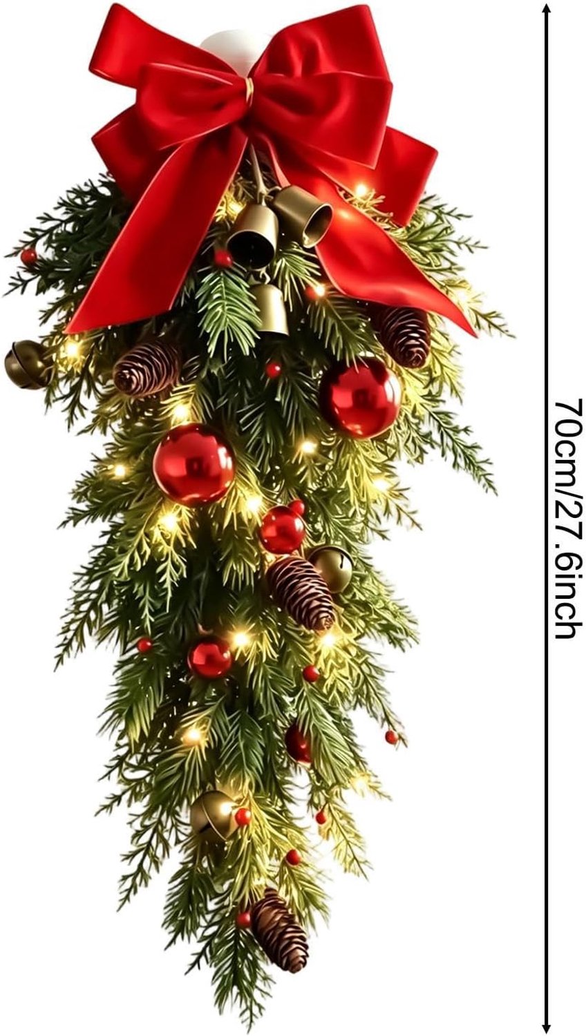1 stuk - Kerstkrans - Kerstbelversiering - geschikt om op te hangen aan vloeren en deuren - strikversiering - Kerstdecoratie - met lichtjes - rood – foto 7