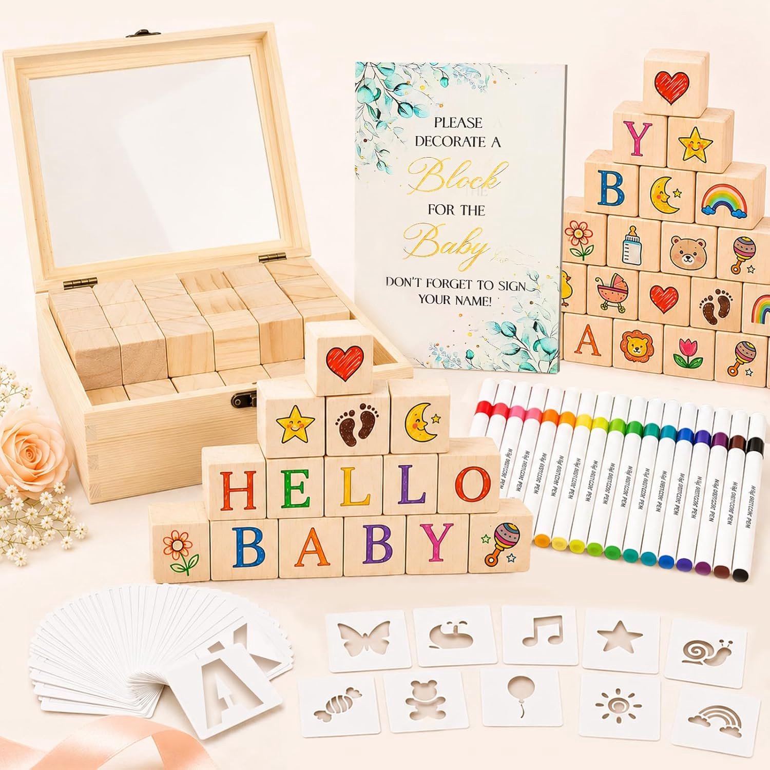 128-delig Babypartyspelset met 52 houten blokken, 50 sjablonen, 24 stiften, schild en doos