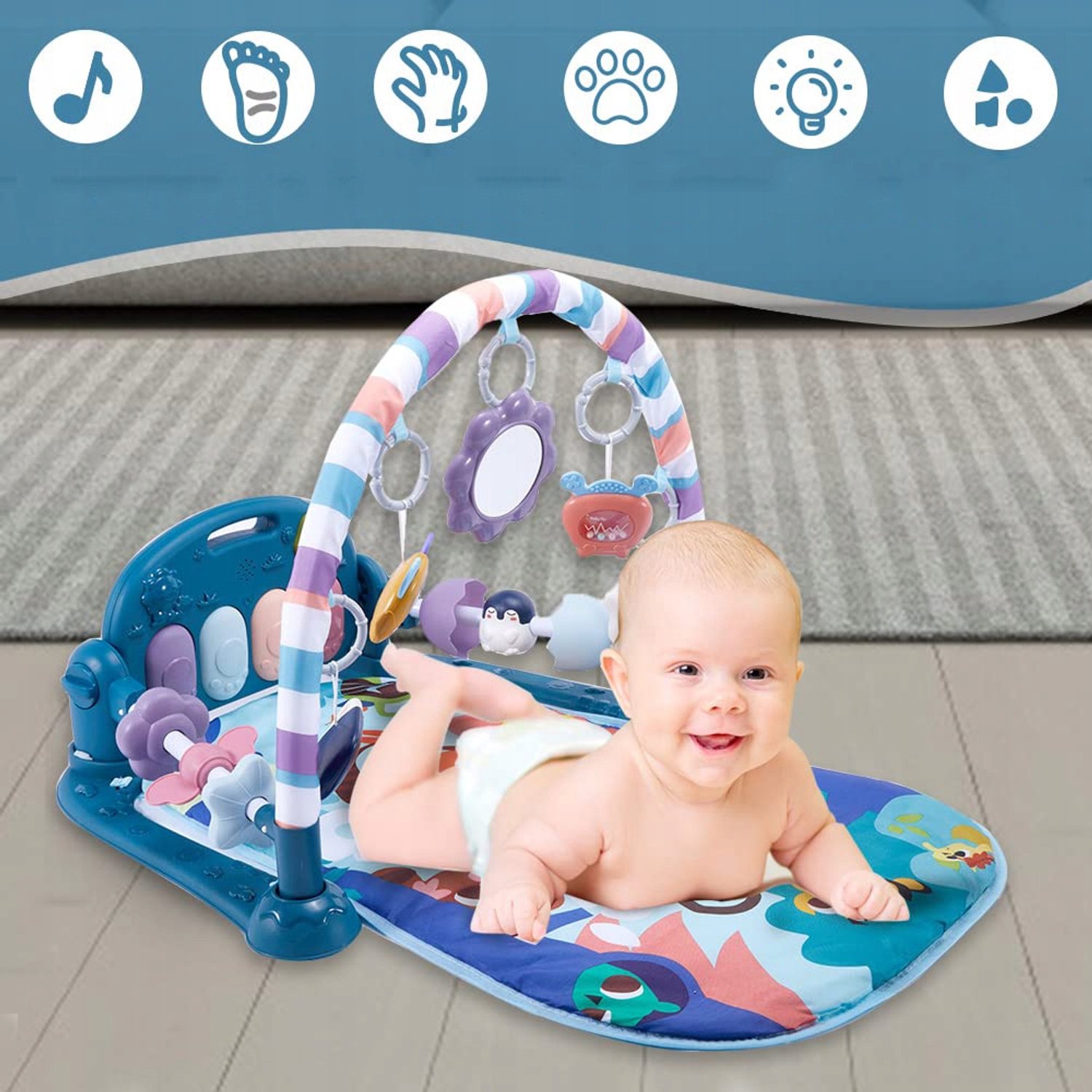 Baby Speelgym met Piano - Speelmat - Licht en Geluid - Voetpiano - Hangende Rammelaars - Spiegel - Voor Liggen, Trappelen en Grijpen - Vanaf 0 Maanden – foto 6