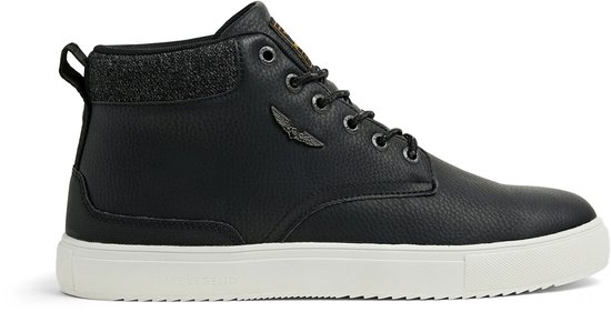 Zwarte PME Legend mid-top sneaker met structuur, metalen vleugellogo en witte zool.