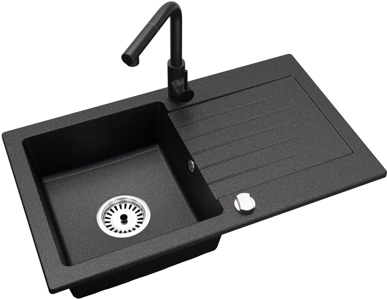 Faizee Home Alisha Granieten Spoelbak 75 × 44 cm – Keuken Spoelbak van Kwartscomposiet – Omkeerbaar – Inclusief Afvoer Schwarz Gesprenkelt Side