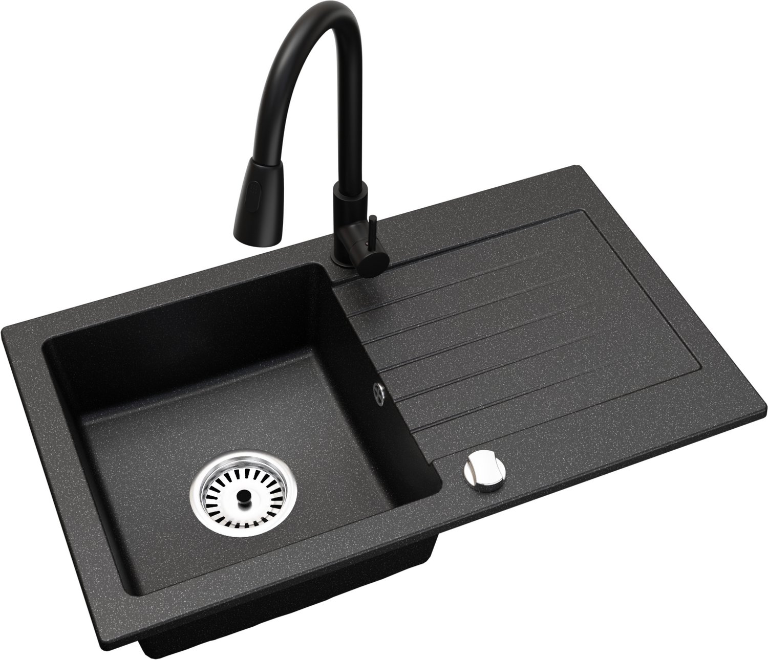 Faizee Home Alisha Granieten Spoelbak 75 × 44 cm – Keuken Spoelbak van Kwartscomposiet – Omkeerbaar – Inclusief Afvoer Schwarz Gesprenkelt Wave
