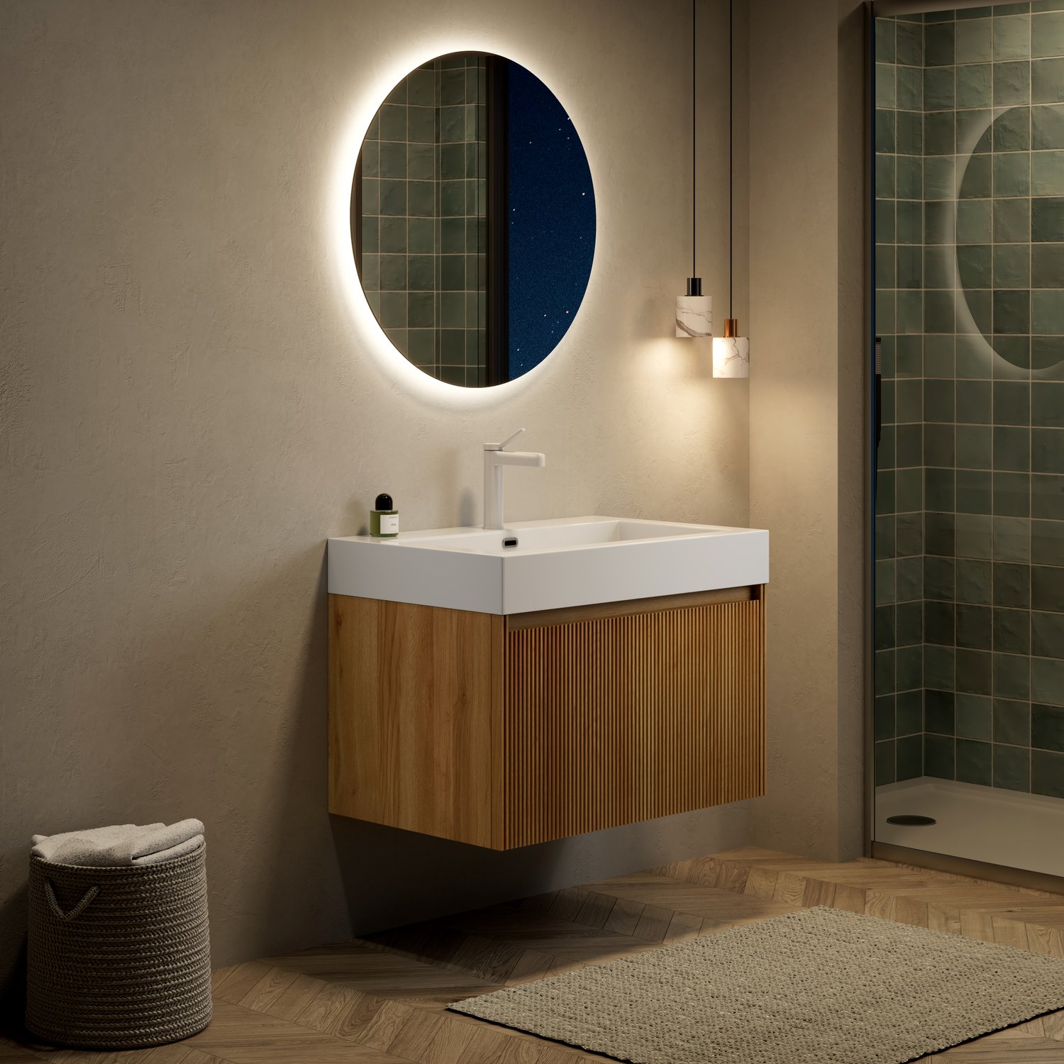Wastafelmeubel Met Geïntegreerde Wastafel 70 Cm - Hangend Badkamermeubel Met Eén Lade, Ledverlichting En Softclose - Eikenlook Multiplex