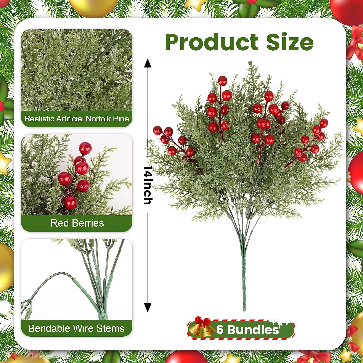 Kunst Kersttakken met Rode Bessen - 6 Stuks Groene Dennentakken met Flexibele Stelen - Voor Kerstboom, Kerstkrans, Schoorsteenmantel en Tafeldecoratie – foto 2