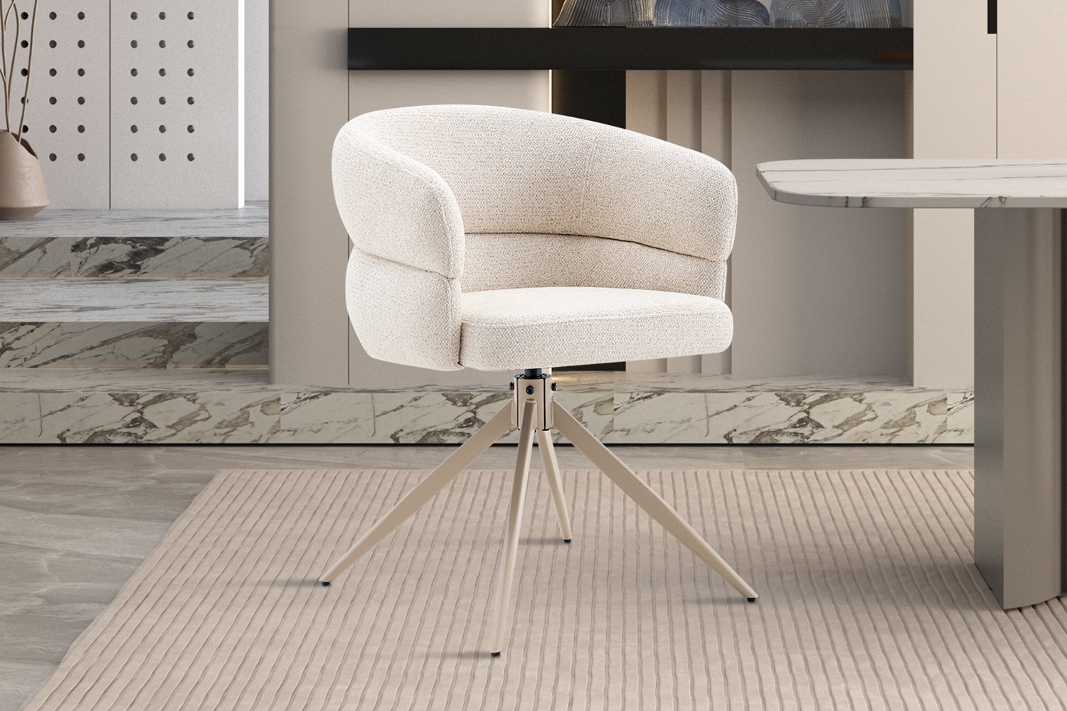 Leonie Draaibare Eetkamerstoel Beige – 180° Auto-Return – Beige Metalen Kruispoot