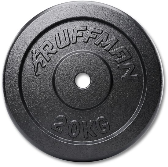 Vooraanzicht van een zwarte 20 kg Ruffman halterschijf met reliëfmerknaam en gewichtsaanduiding.