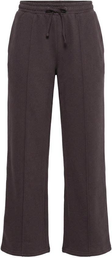 Donkerbruine joggingbroek met wijde pijpen, elastische tailleband met trekkoord en decoratieve naden aan de voorzijde.