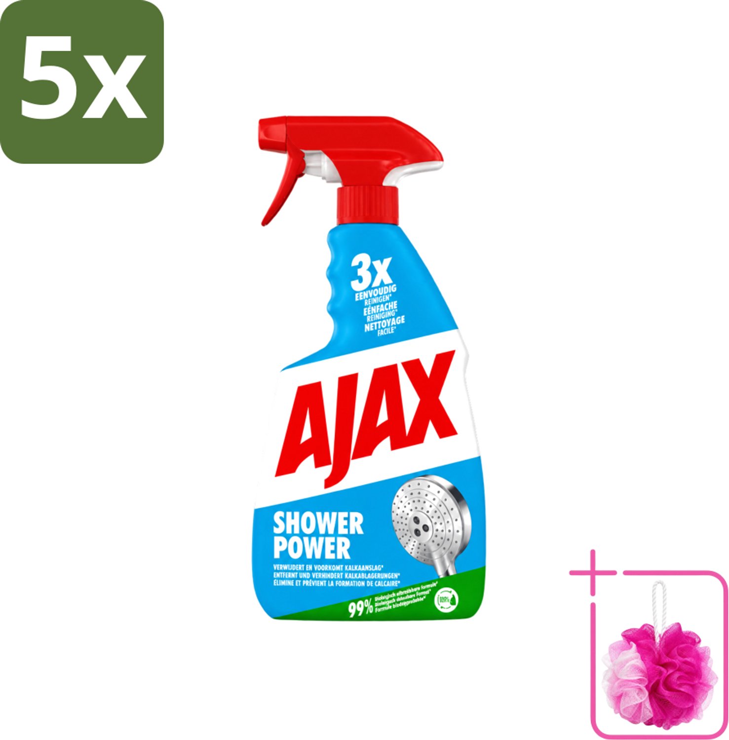 5 x Ajax – Spray – Shower Power – 750 ml - Bulkverpakking - Badkamer reinigen - Douchemop - Kalkaanslag verwijderen
