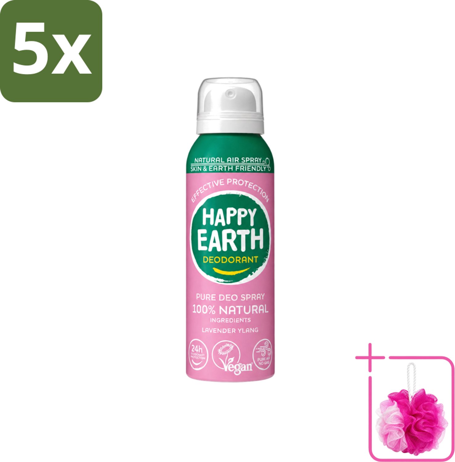 5 x Happy Earth – Deodorant Spray – 100% Natuurlijk Lavender Ylang – 100 ml - Bulkverpakking - Natuurlijke deodorant spray - Douchemop - Luchtdeodorant