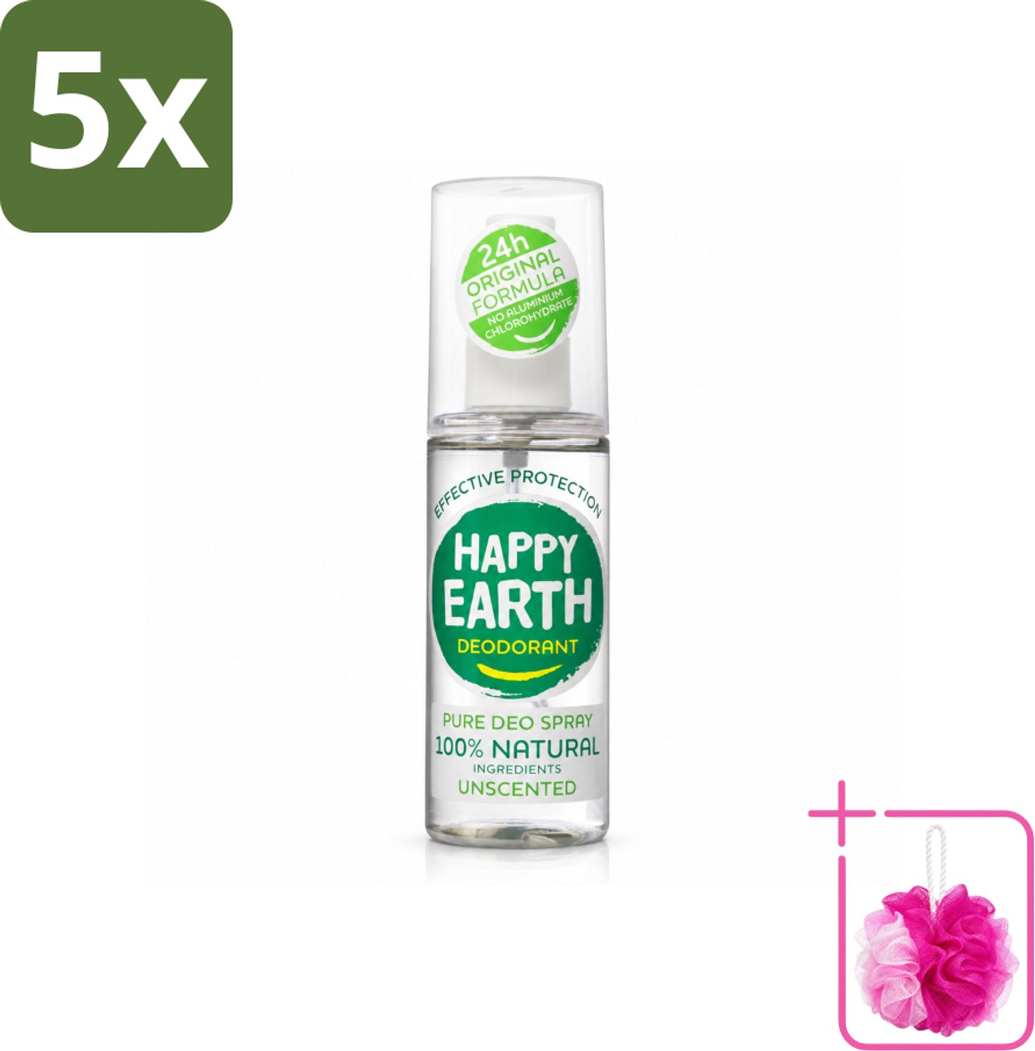 5 x Happy Earth – Deodorant Spray – 100% Natuurlijk Unscented – 100 ml - Bulkverpakking - Geurloos deodorant - Douchemop - Hypoallergene deodorant