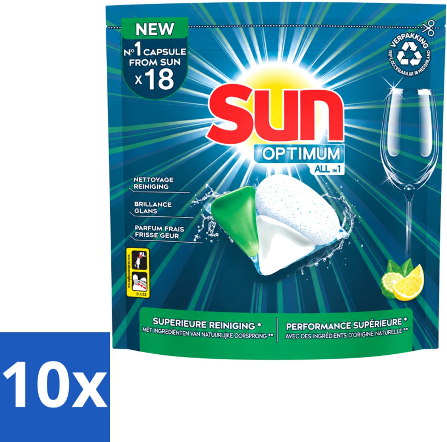 10 x Sun Optimum - All-in-1 - Vaatwasmiddel - Capsules - Citroen - 18 Capsules - Voordeelverpakking - 10 stuks