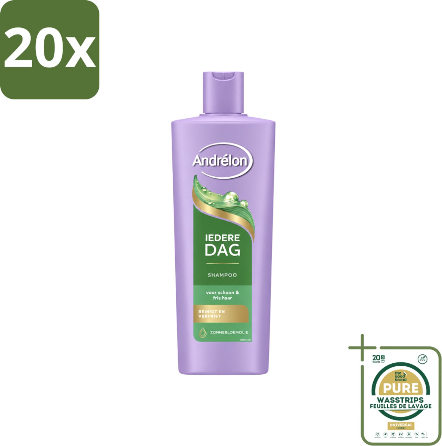 20 x Andrélon – Shampoo – Iedere Dag – 400 ml - Wasstrips - Haarkleur - Haarverzorging - Shampoo - Dagelijks Wassen - Zonnebloemolie