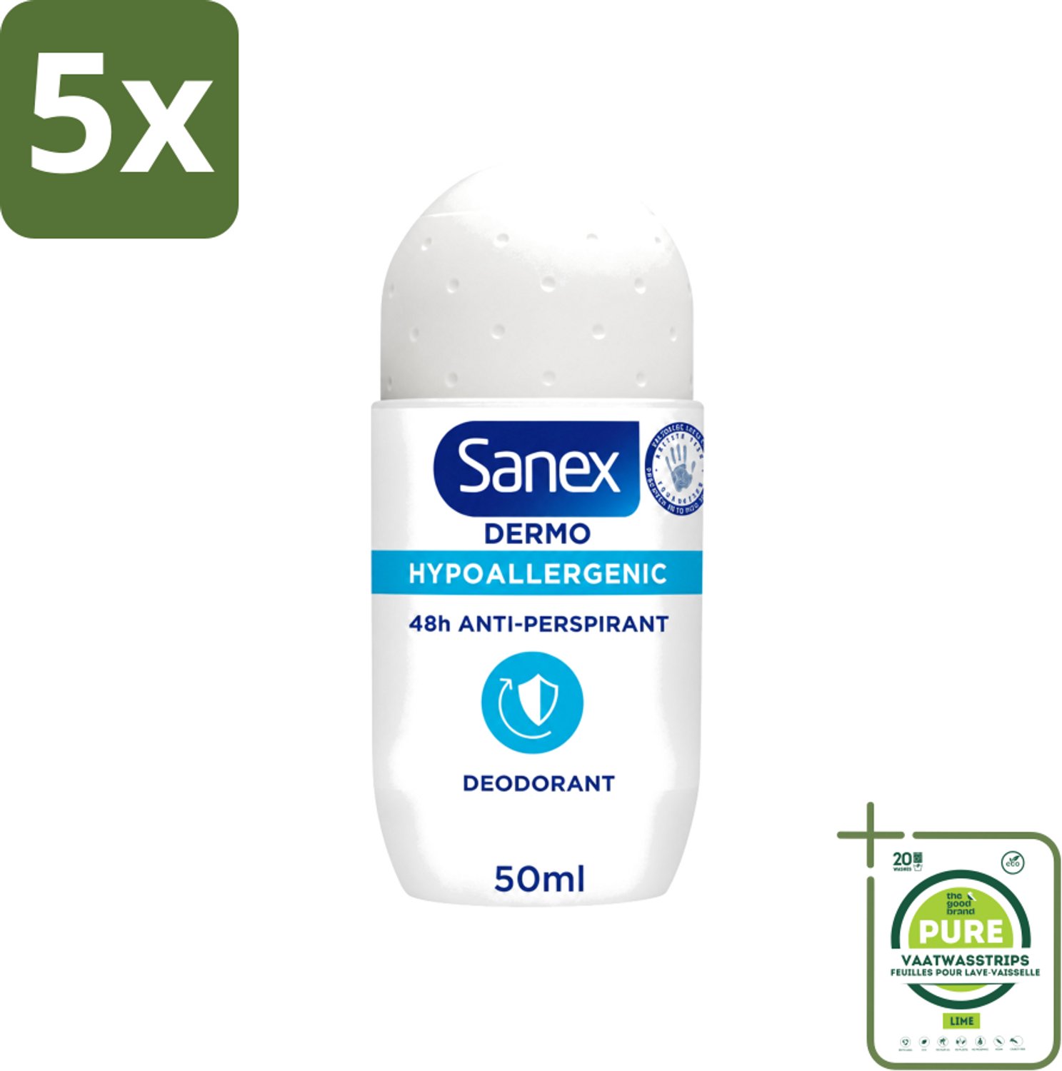5 x Sanex Dermo - Deodorant Roller - Hypoallergeen - 48h Anti-Transpirant - 50 ml - Grootverpakking - Vaatwasstrips - Deodorant Roller - Hypoallergeen Deodorant - 48h Bescherming - Transpiratie Bescherming - Lichaamsgeur Bestrijding