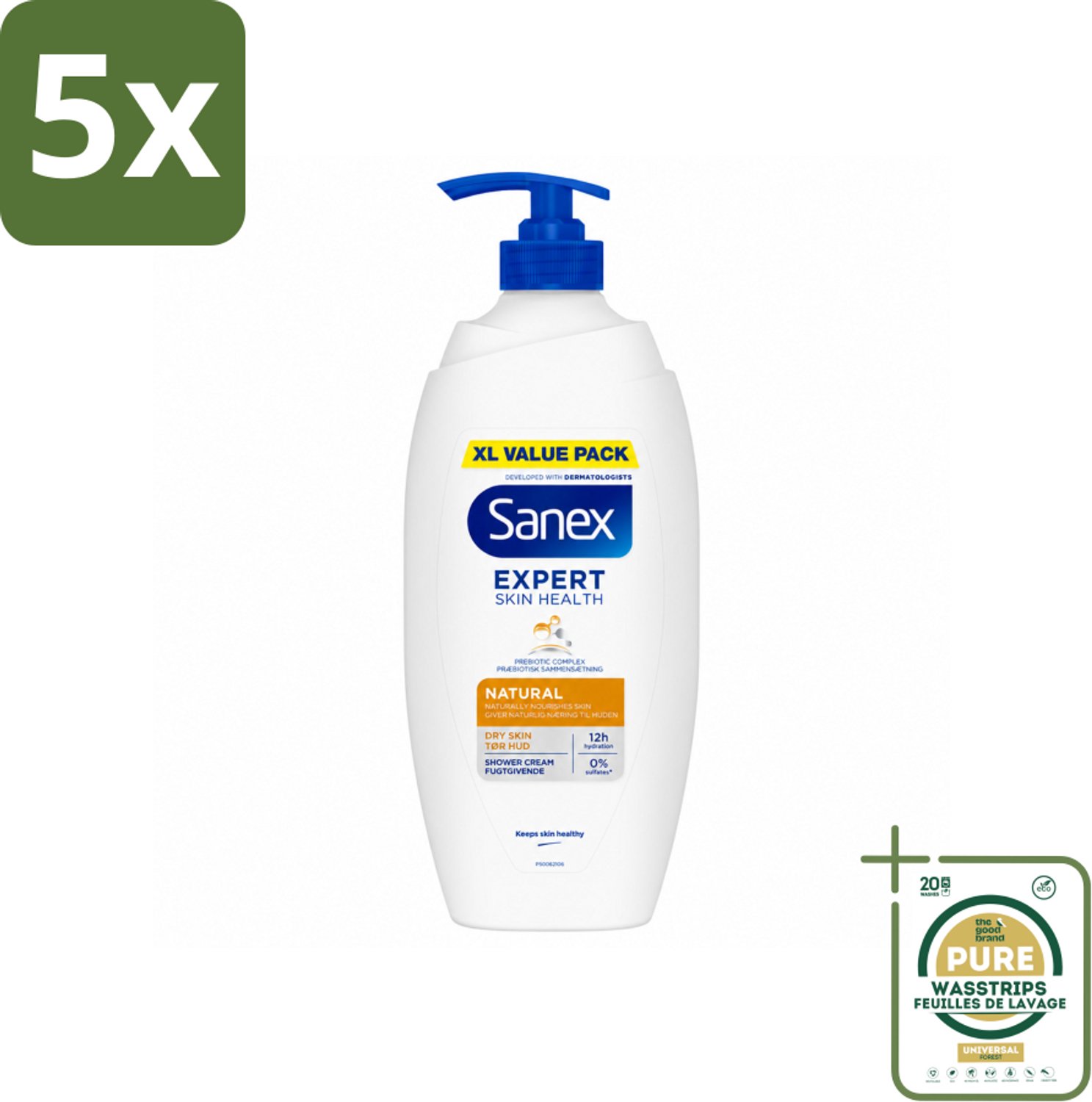 5 x Sanex – Douchecrème – Expert Skin Health Naturals – 750 ml - Wasstrips - Douchecrème - Gevoelige Huid - Natuurlijke Reiniging - Huidverzorging - Hydraterend