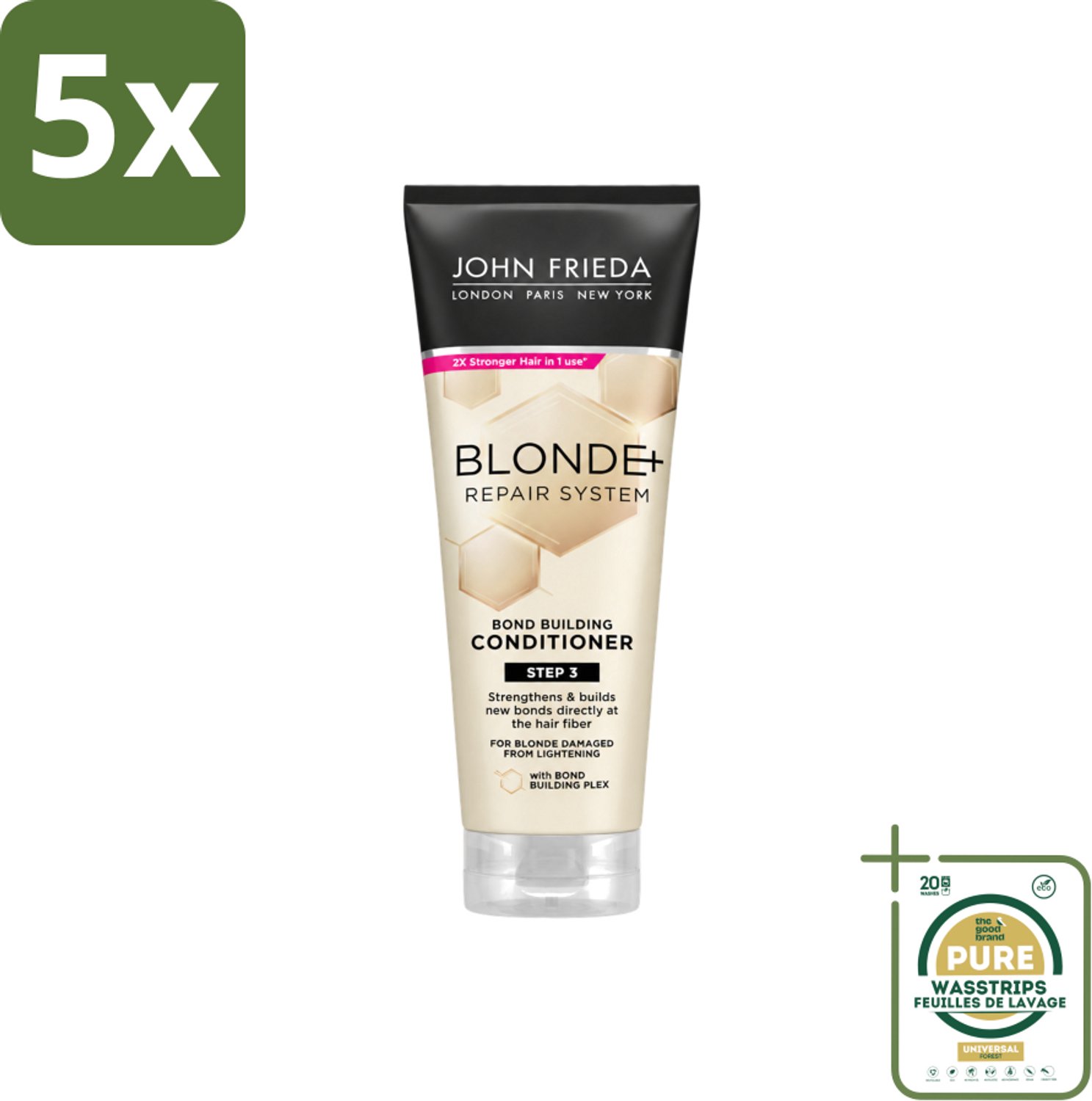 5 x John Frieda – Conditioner – Blonde+ Repair Bond Building – Herstellend – 250 ml - Wasstrips - Herstel Blond Haar - Beschadigd Haar - Haar Versterken - Haar Glans - Haar Herstellen