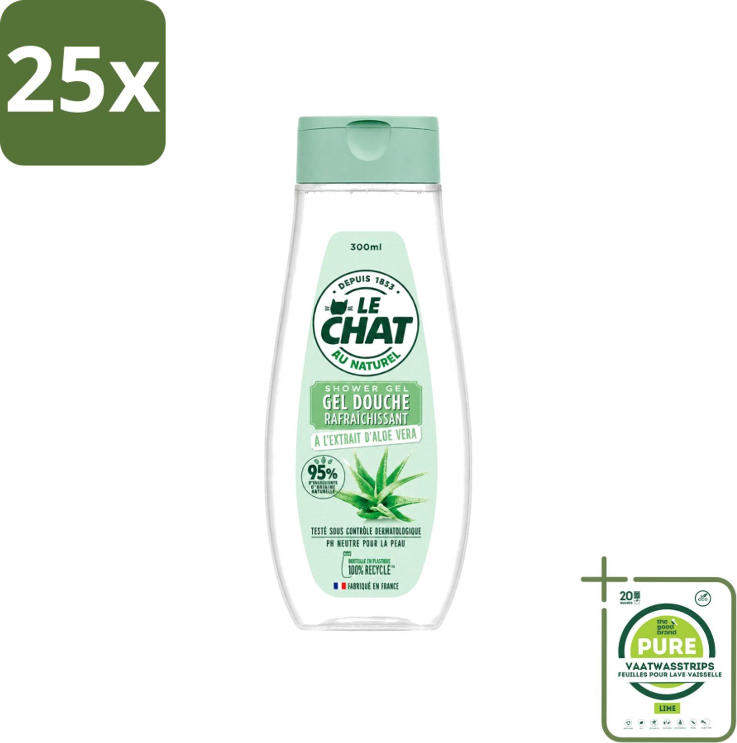 25 x Le Chat - Douchegel - PH Neutraal - Met Extract Van Aloë Vera - Verfrissend - 300 ml - Grootverpakking - Vaatwasstrips - Douchegel Aloë Vera - Frisheid Huid - PH Neutraal - Huidverzorging - Dagelijks Gebruik