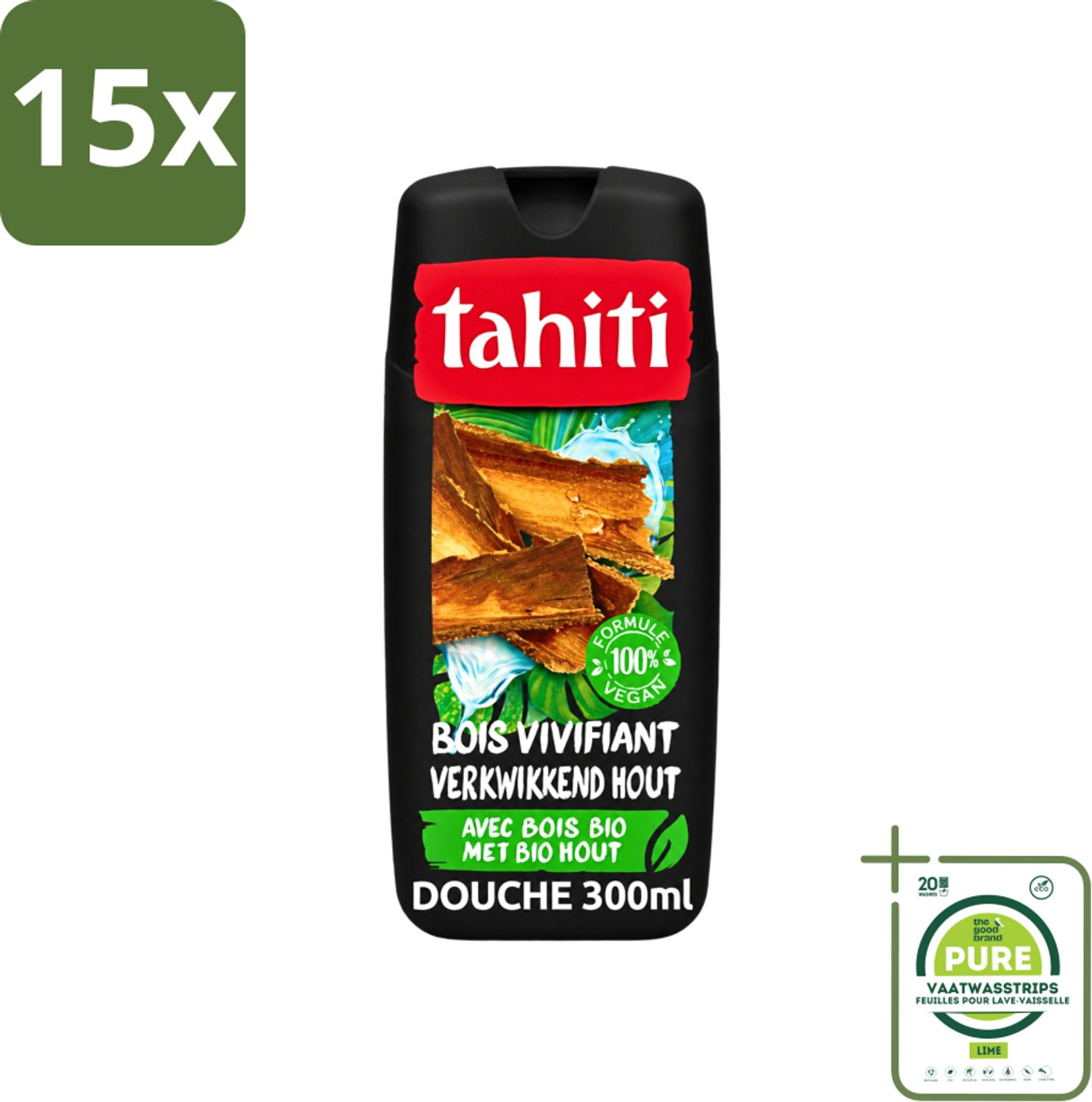 15 x Tahiti - Douchegel - Verkwikkend Bio Hout - 100% Vegan - 300 ml - Grootverpakking - Vaatwasstrips - Douchegel - Houtgeur - Verkwikkend - Huid Verzorgen - Huid Verzachten