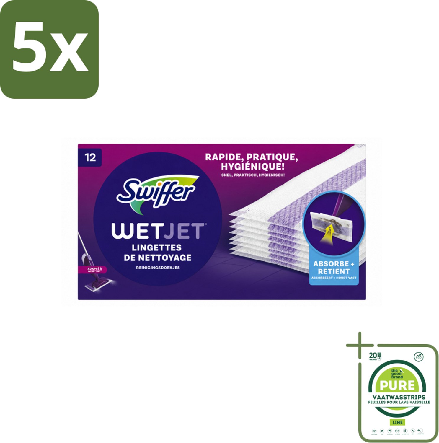 5 x Swiffer - WetJet – Reinigingsdoekjes – Navullingen – 12 doekjes - Grootverpakking - Vaatwasstrips - Absorberende Navuldoekjes - Spraymop Doekjes - Vloer Reinigen - Vuil Opnemen - Vet Opnemen